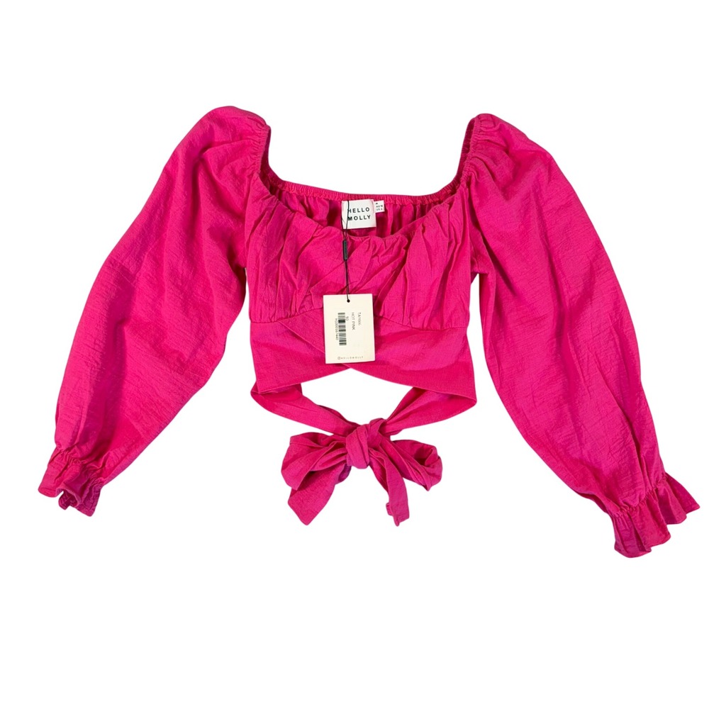 Hello Molly Hot Pink Puff Sleeve Tie Front Crop Top size M 6 Boho Festival Party